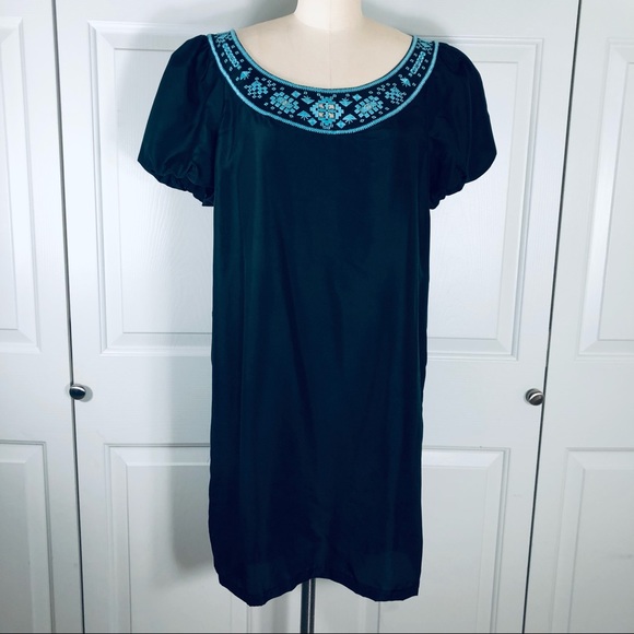 Tory Burch Silk Embroidered Puff Short Sleeves Sheath Black Lined Dress Size 14 - Picture 2 of 16